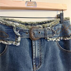 Denim Waistband Jeans with Distressed Fringe Trim - Blue